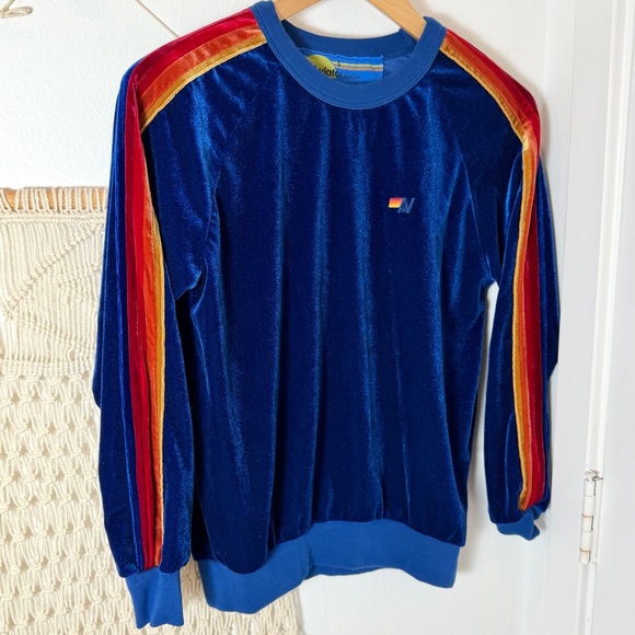 🌈🌀 Aviator Nation Velvet Relaxed Sweatshirt Velour Blue Rainbow Women’s Small